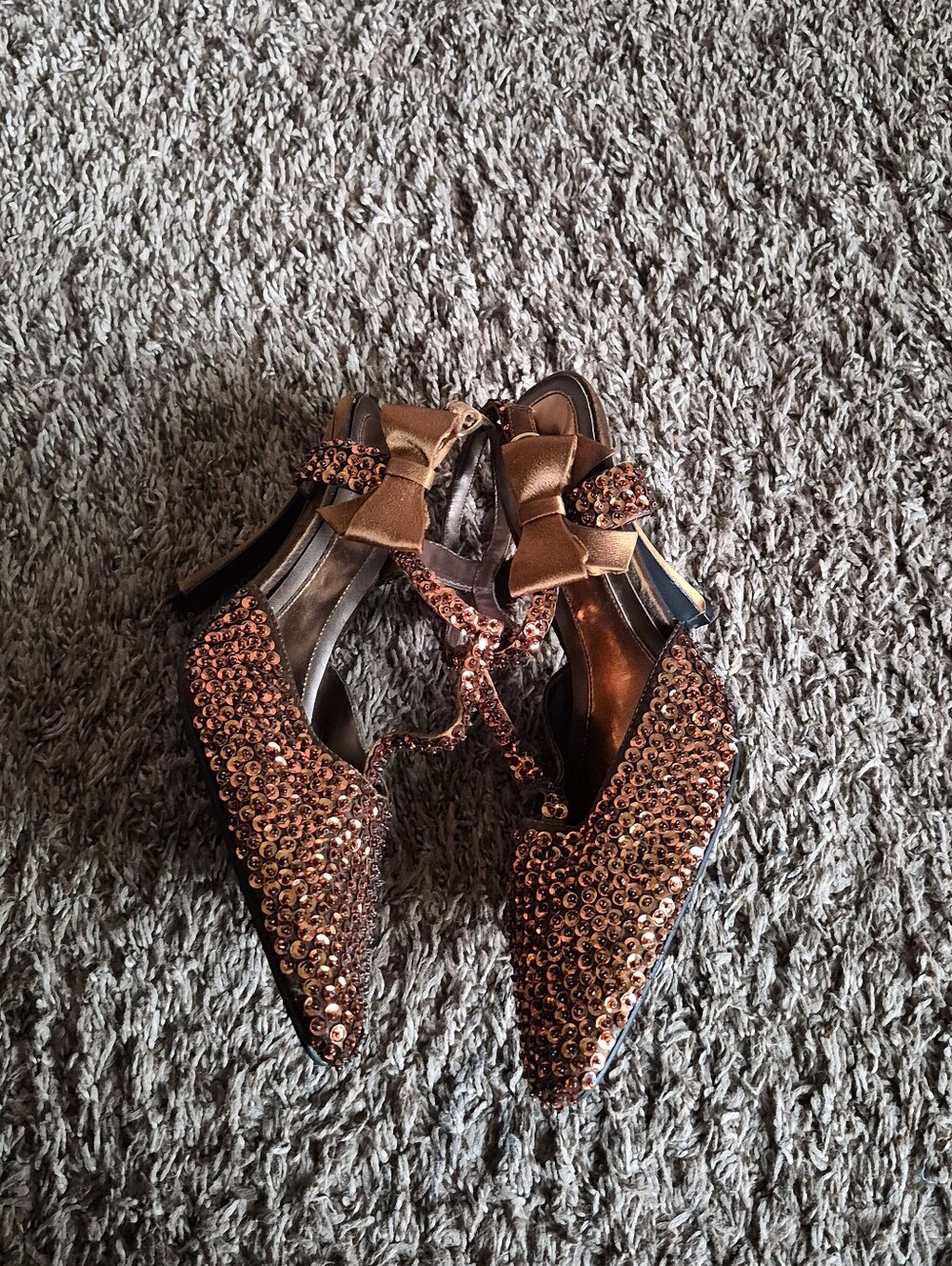 Lady Godiva Copper Sequin Pointed Toe Heels with A Satin Bow Accent